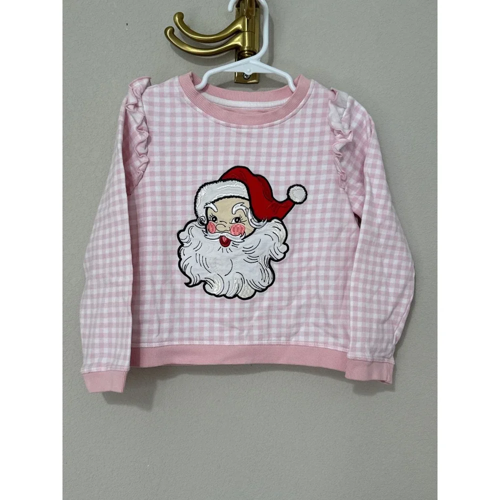 RuffleButts Sweatshirt Girls Size 5 Pink Gingham Vintage Santa Ruffle Shoulder